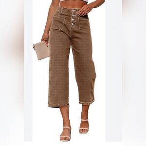 Feelside, Women's High-Waisted, Tummy Control,  Brown, Cropped, Wide Leg Jeans